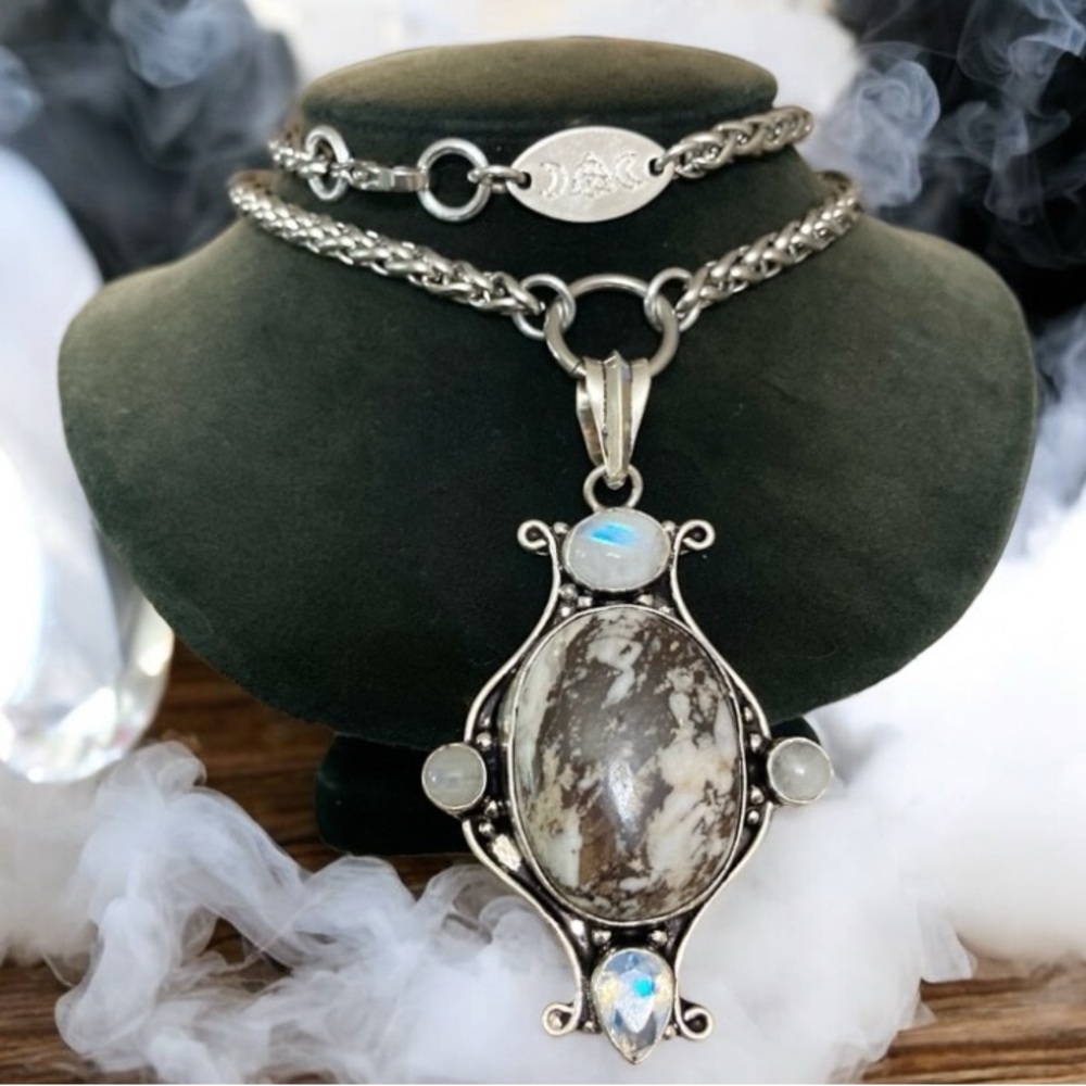 Genuine moonstone white & brown agate gemstones & opalite boho silver necklace - Picture 2 of 15